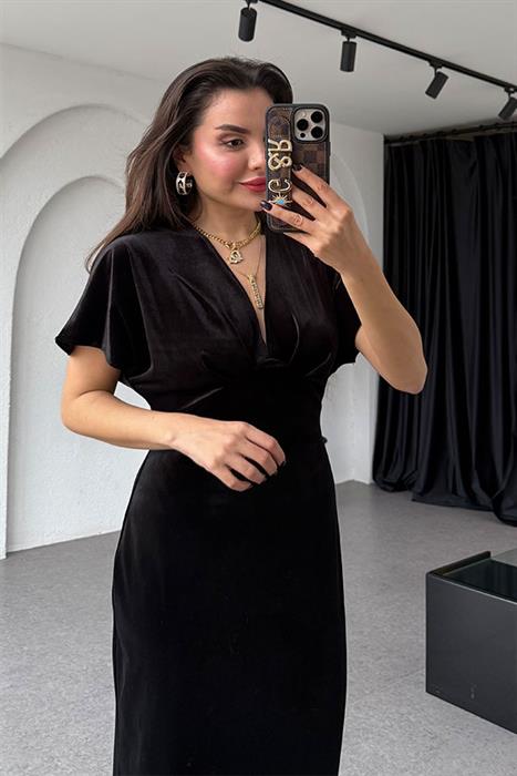 Thlio Siyah V yaka Kadife Elbise 