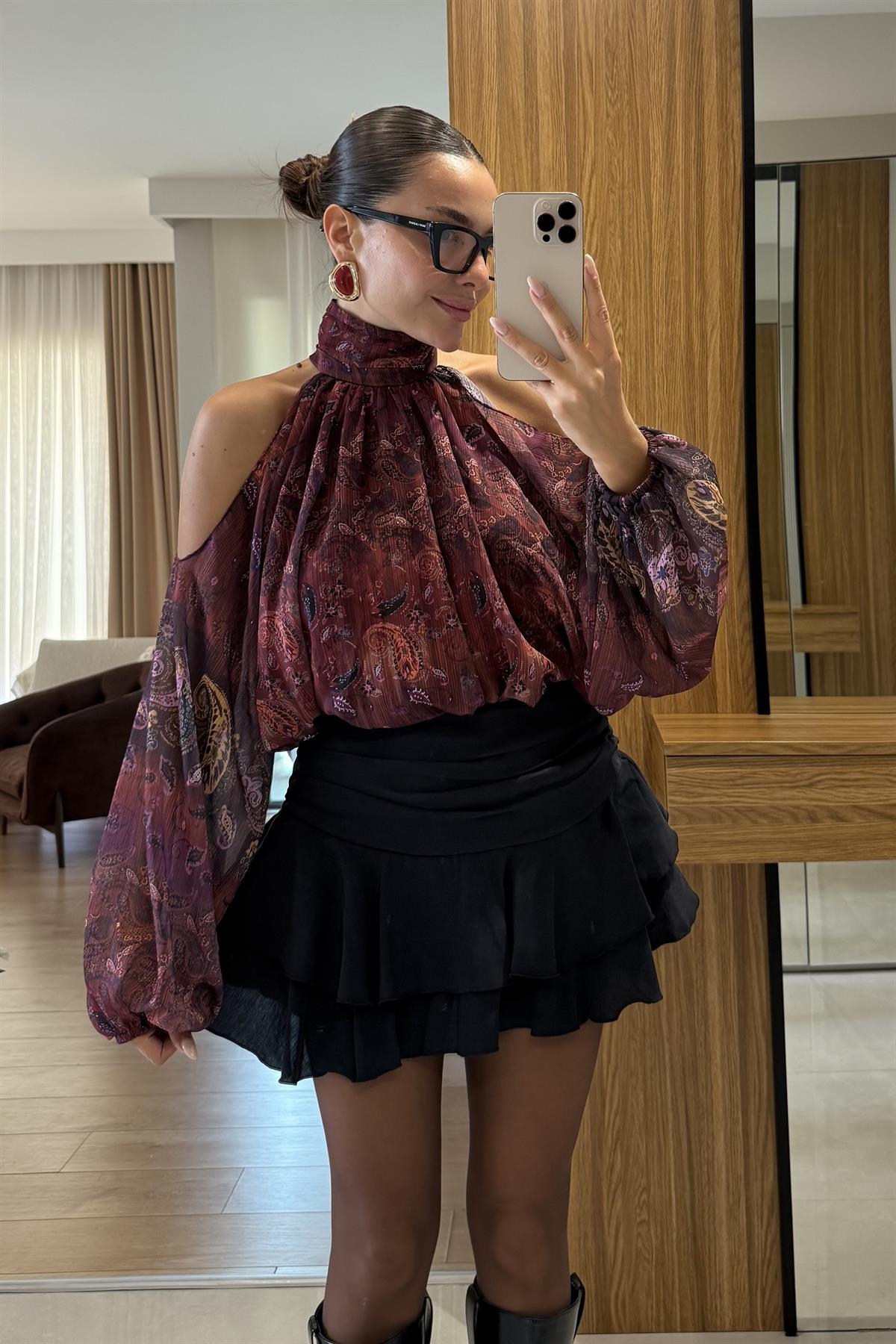 Thurnes Bordo Etnik Tasarım Şifon Gömlek