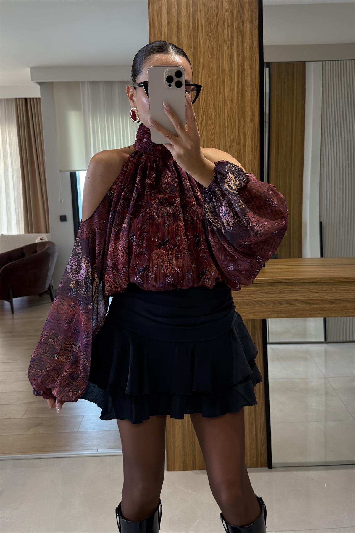 Thurnes Bordo Etnik Tasarım Şifon Gömlek