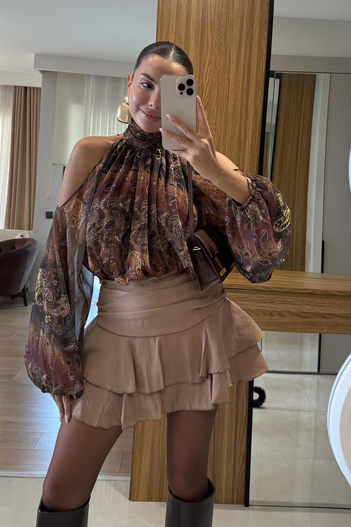 Thurnes Kahve Etnik Tasarım Şifon Gömlek