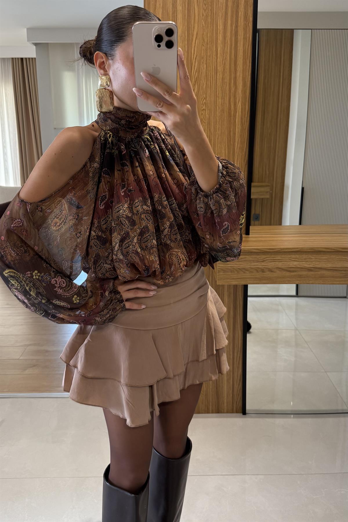 Thurnes Kahve Etnik Tasarım Şifon Gömlek