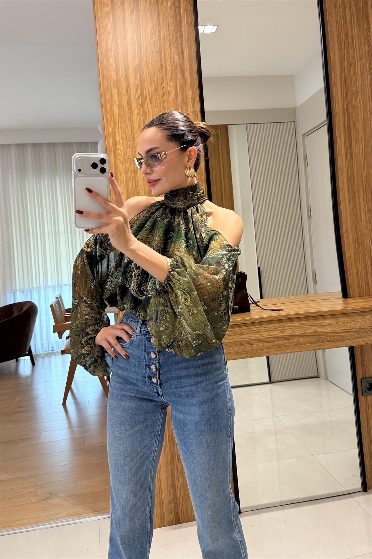 Thurnes Yeşil Etnik Tasarım Şifon Gömlek