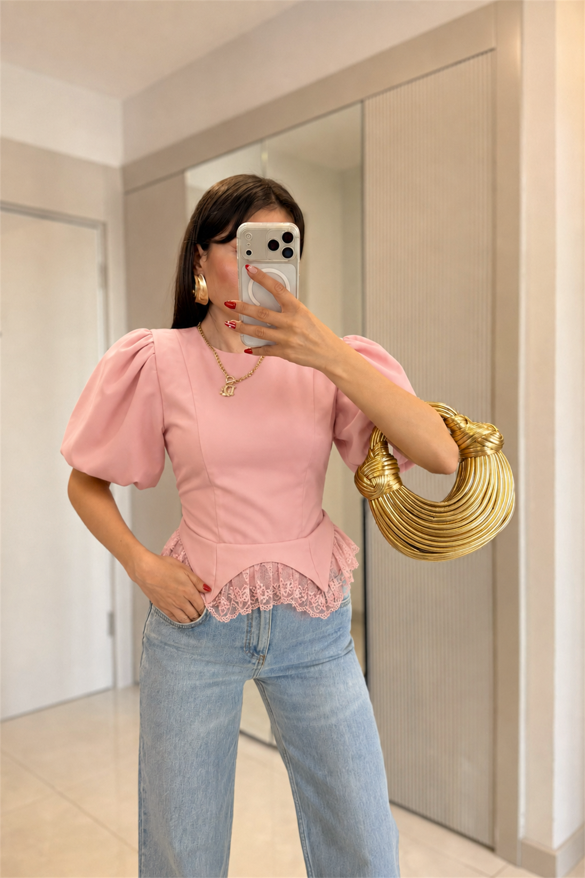 Tidael Pembe Balon Kol Dantel Detaylı Bluz