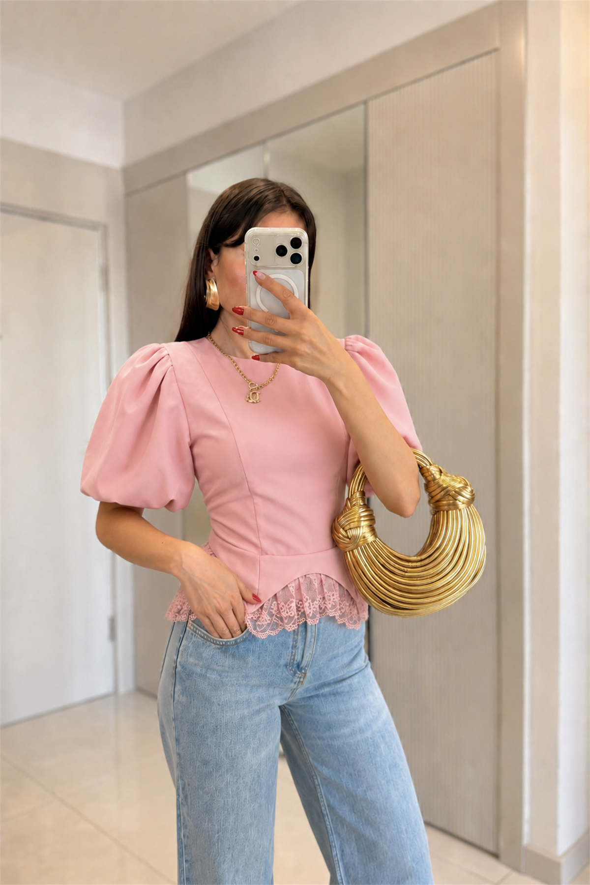 Tidael Pembe Balon Kol Dantel Detaylı Bluz