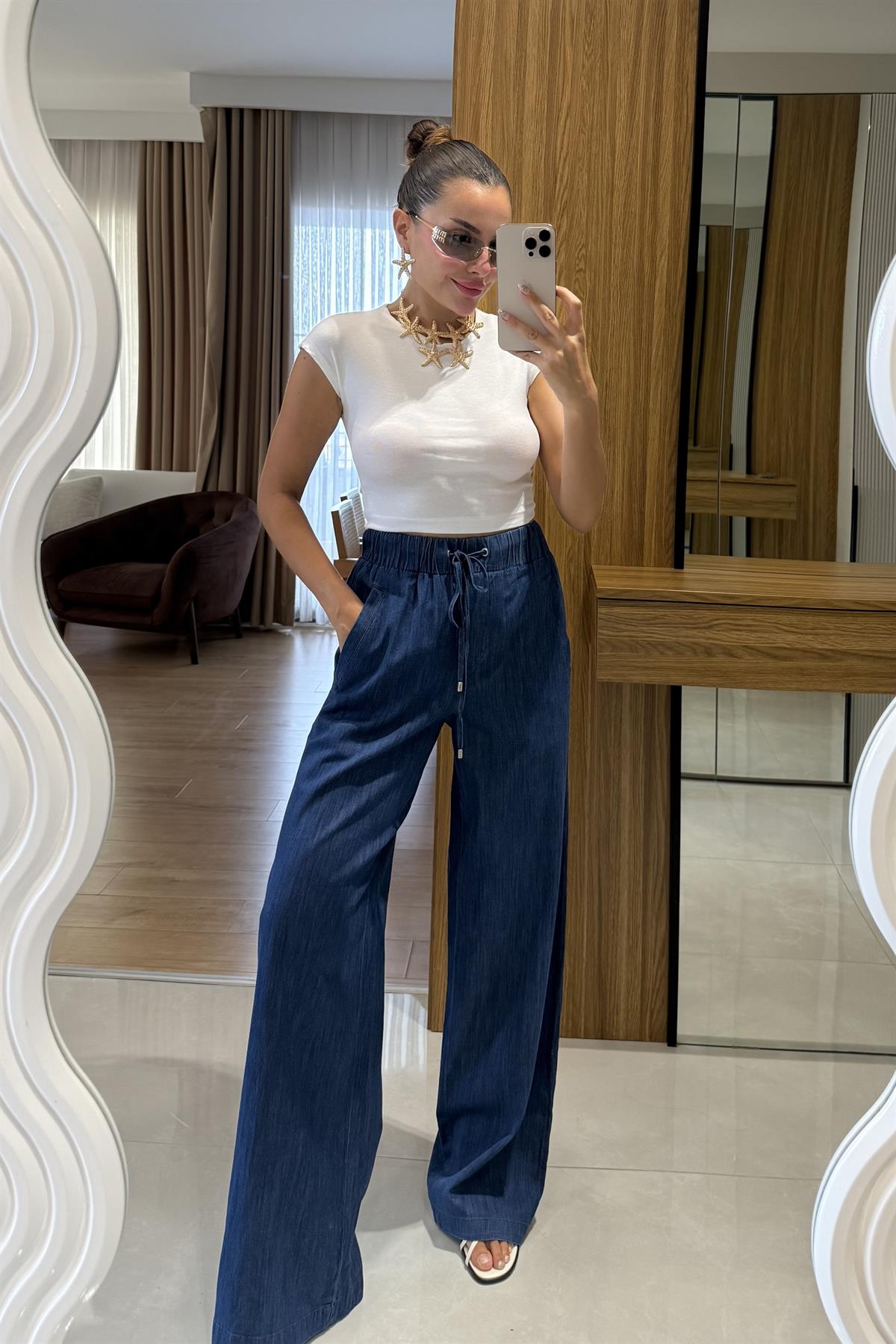 Tienen Beli Lastikli Denim Pantolon