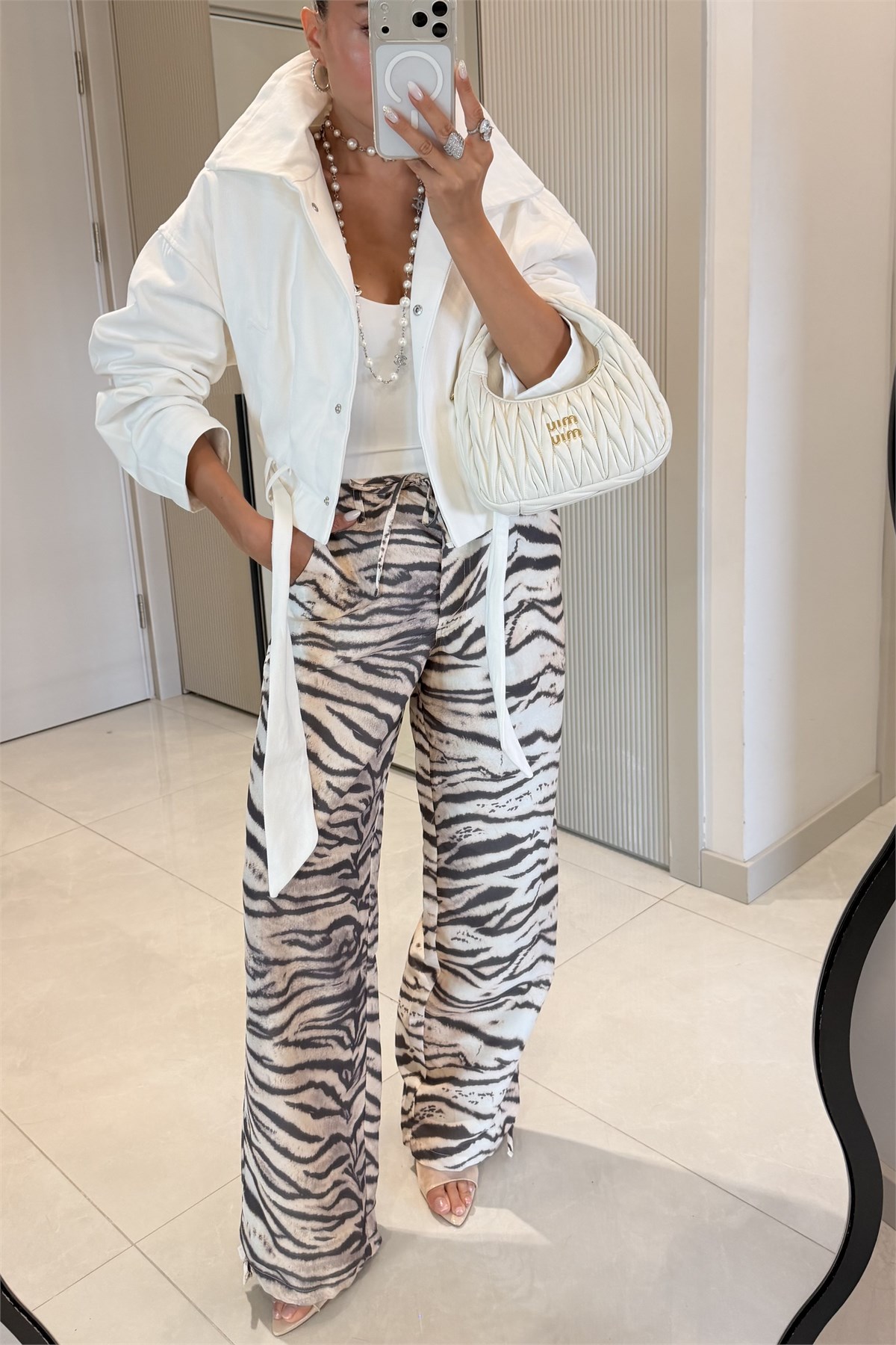 Tiera Zebra Desenli Beli Bağcıklı Palazzo Pantolon