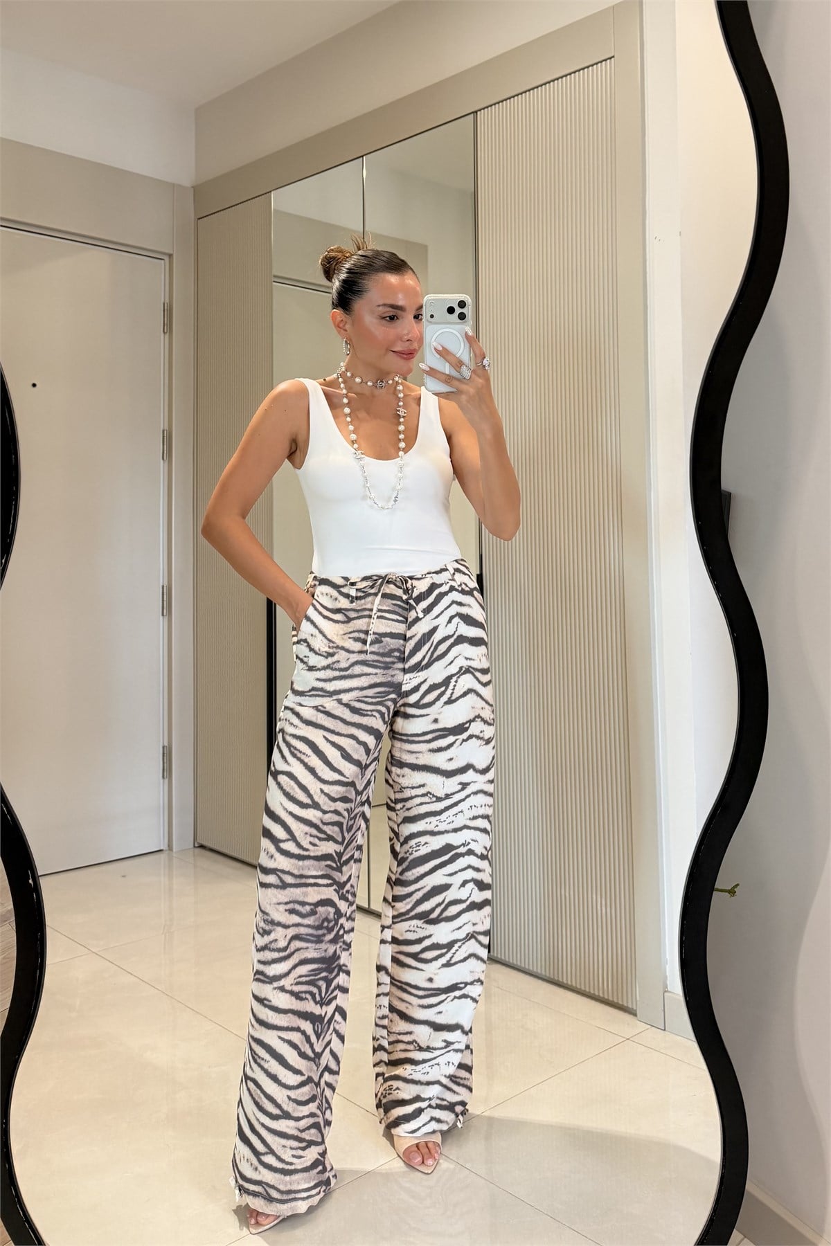 Tiera Zebra Desenli Beli Bağcıklı Palazzo Pantolon