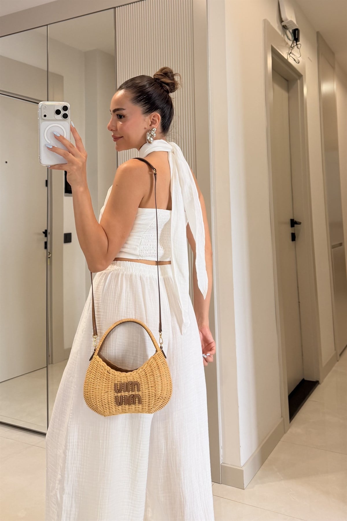 Tiffany Beyaz Müslin Bağlamalı Bluz ve Pantolon Takım