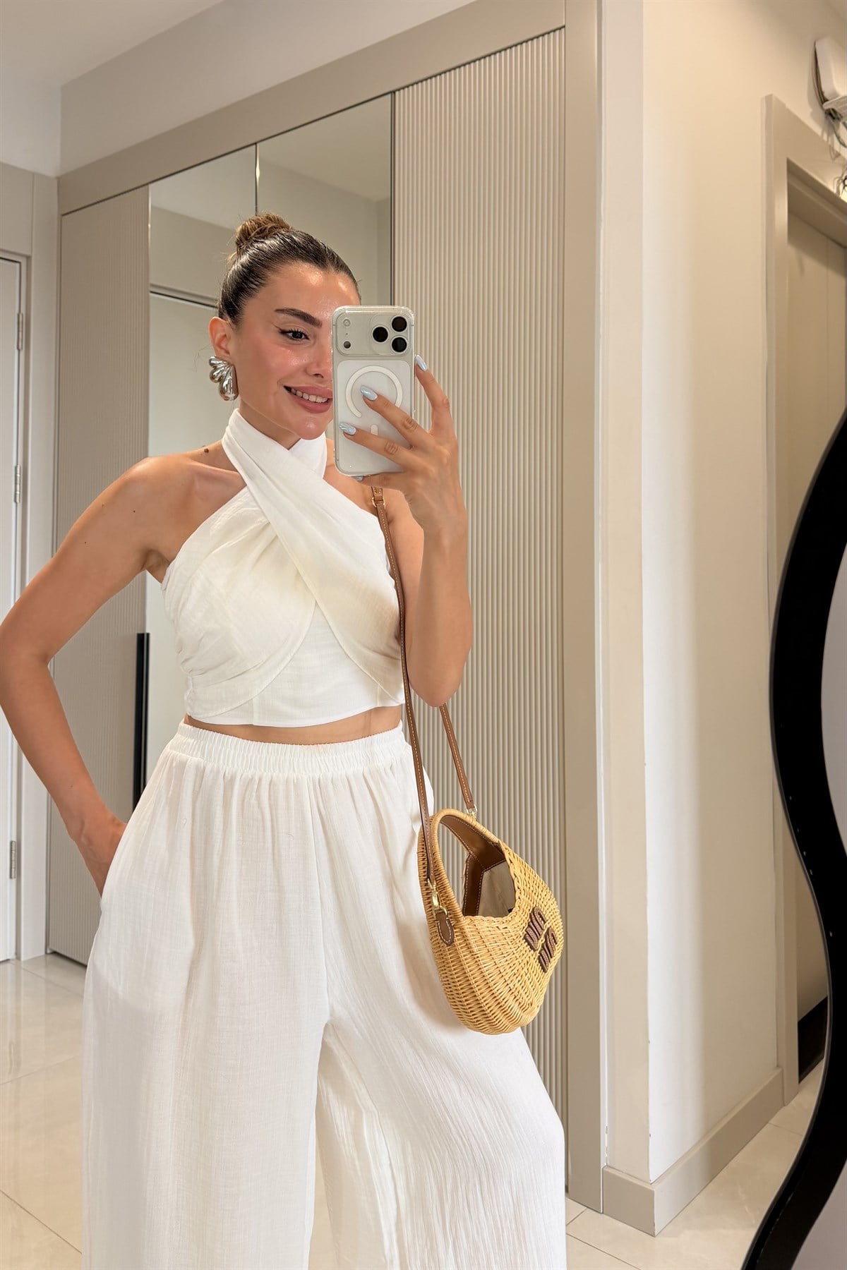 Tiffany Beyaz Müslin Bağlamalı Bluz ve Pantolon Takım