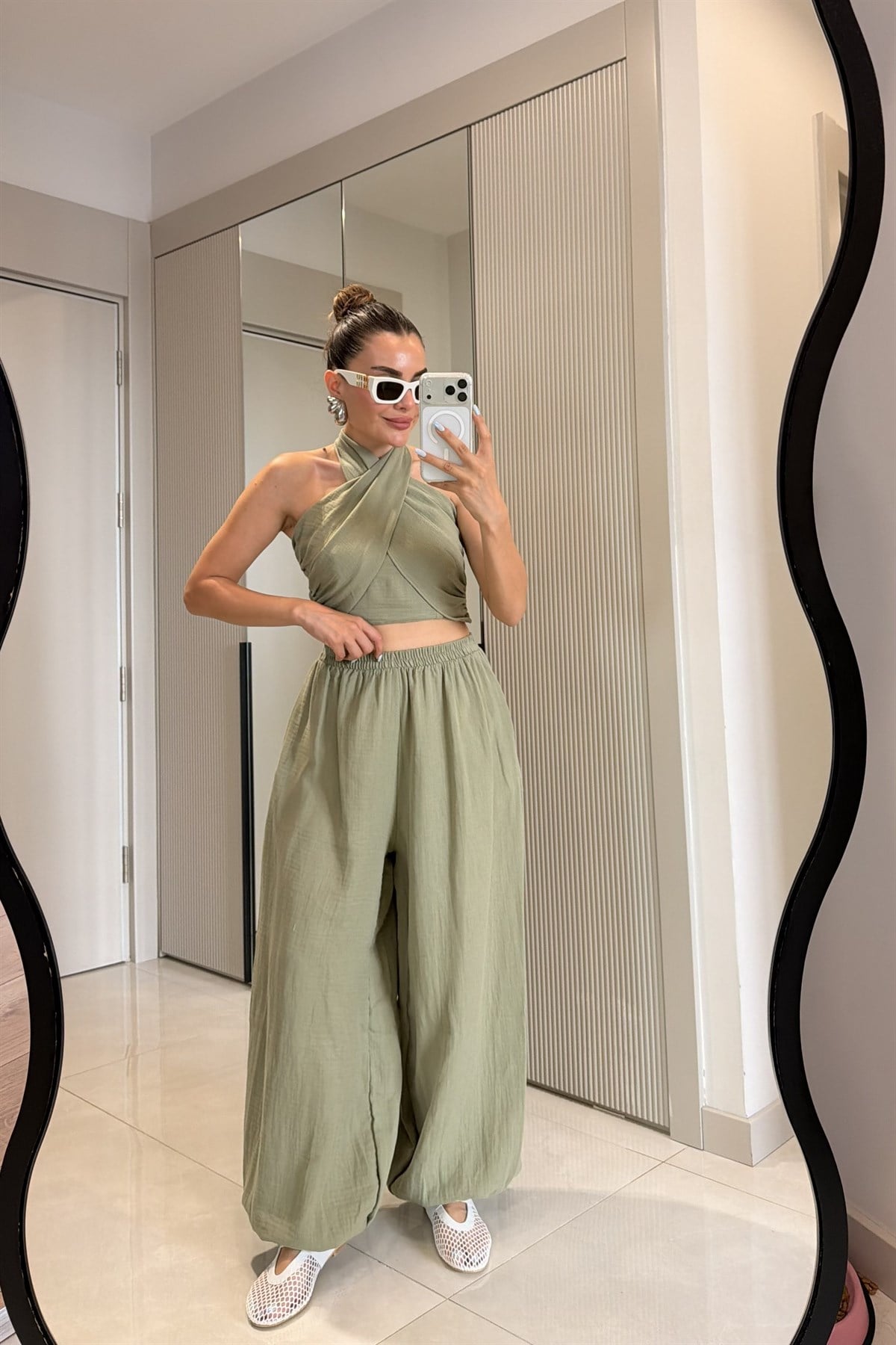 Tiffany Haki Müslin Bağlamalı Bluz ve Pantolon Takım