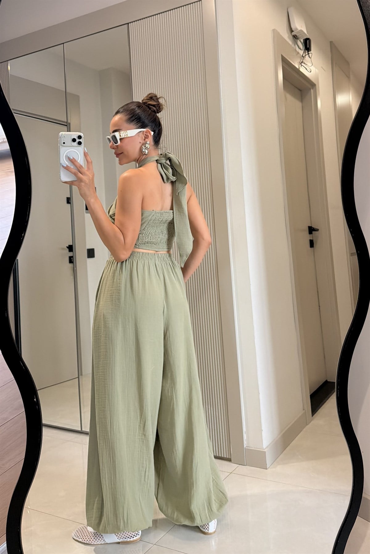 Tiffany Haki Müslin Bağlamalı Bluz ve Pantolon Takım