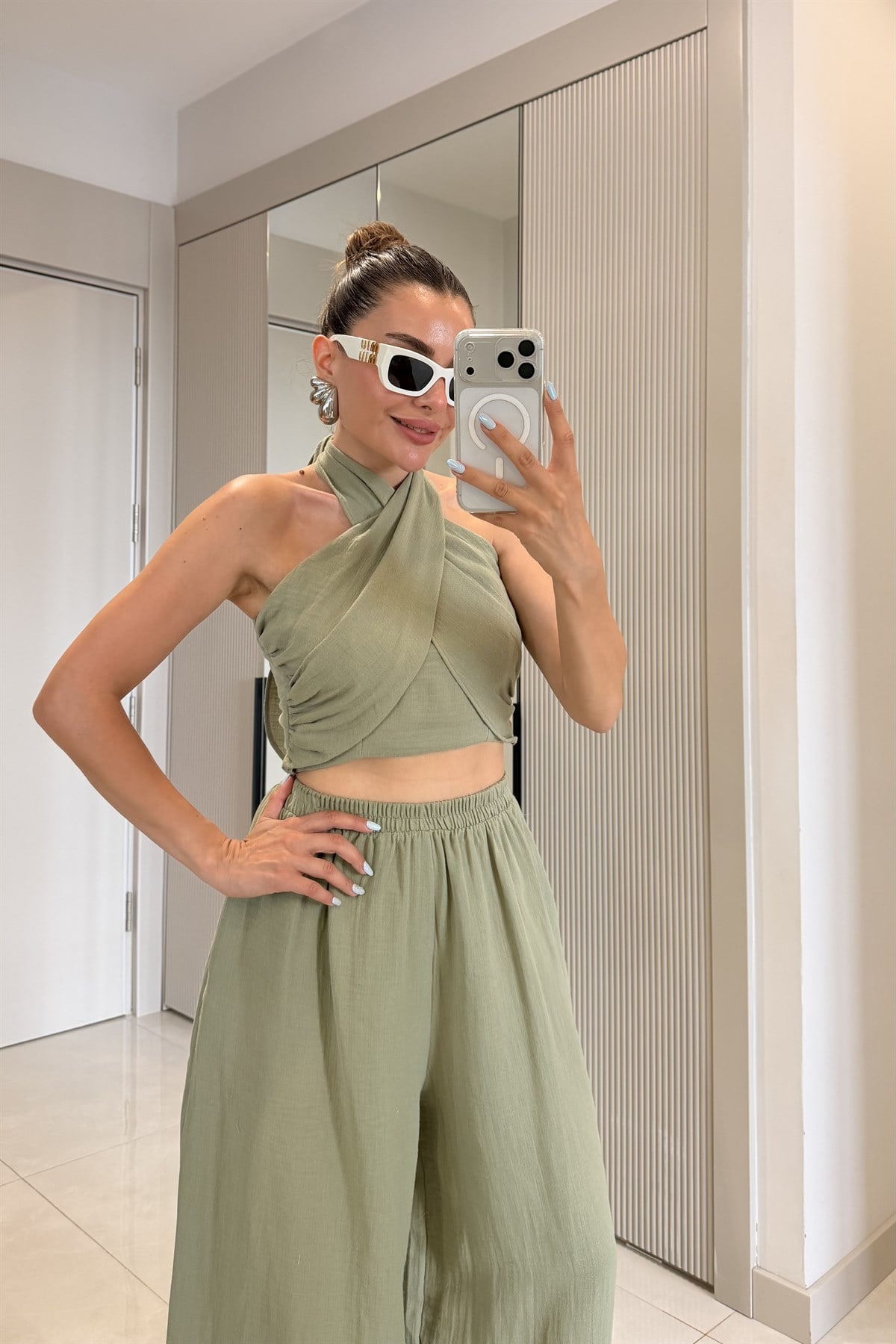 Tiffany Haki Müslin Bağlamalı Bluz ve Pantolon Takım