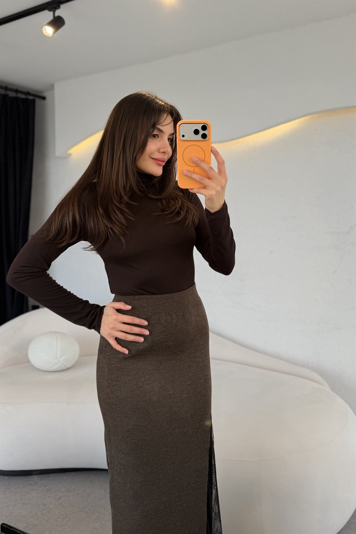 Tiger Kahve Dantel Yırtmaçlı Triko Etek