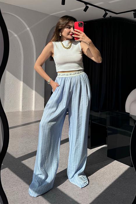 Tina Çizgili Saten Mavi Palazzo