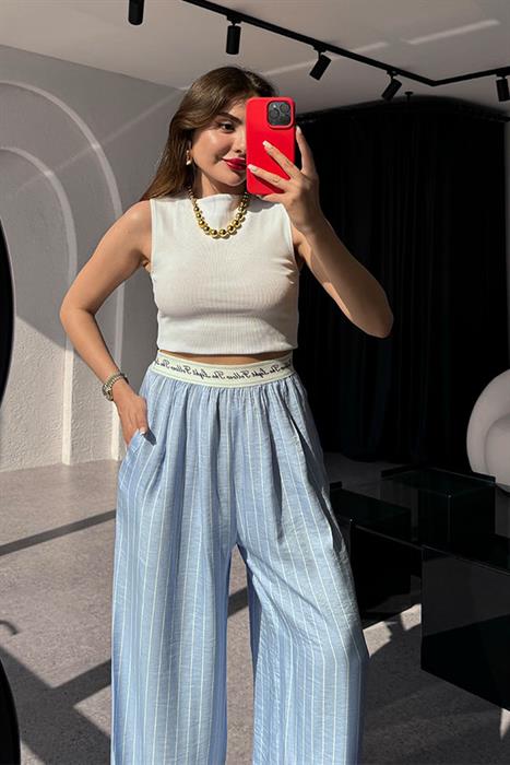 Tina Çizgili Saten Mavi Palazzo