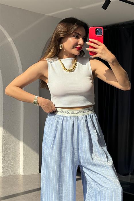 Tina Çizgili Saten Mavi Palazzo