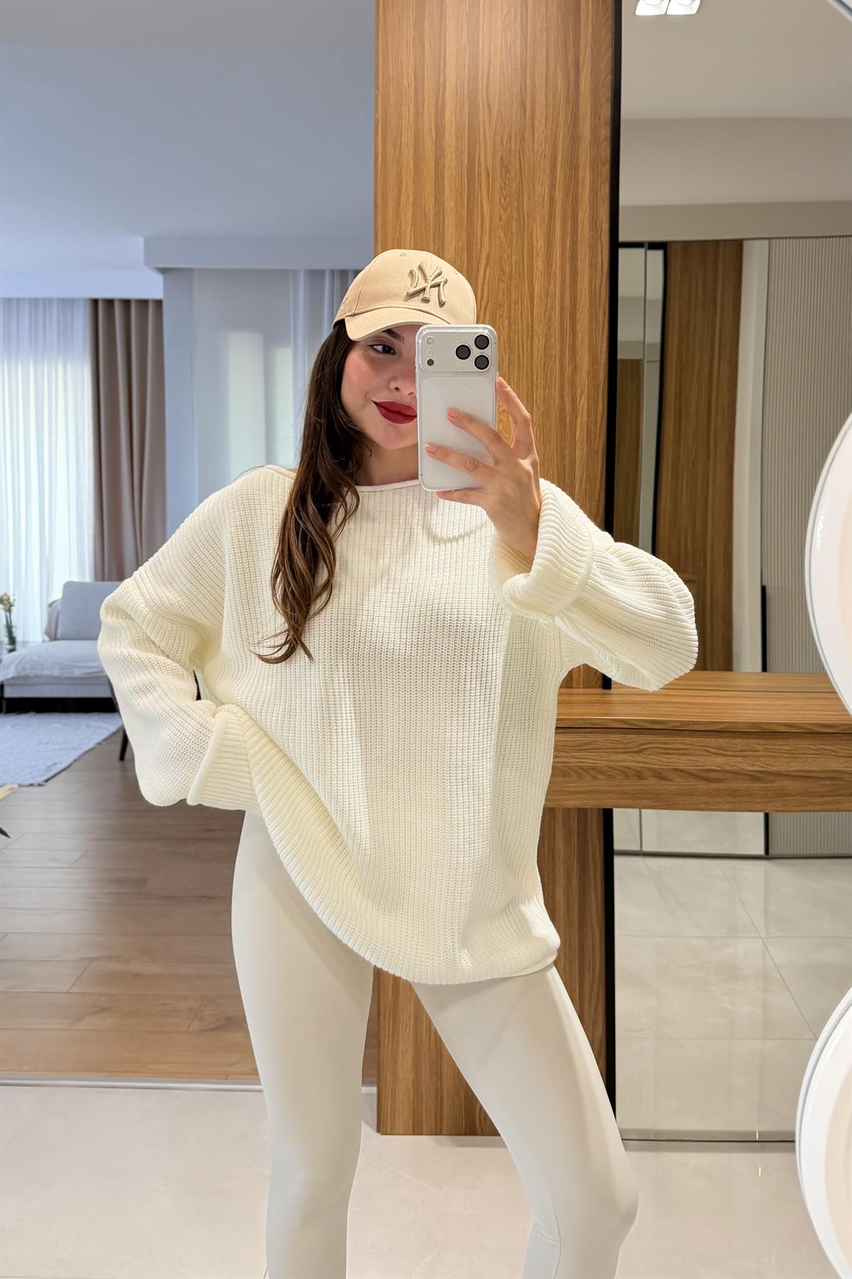 Tini Ekru Bisiklet Yaka Kazak 