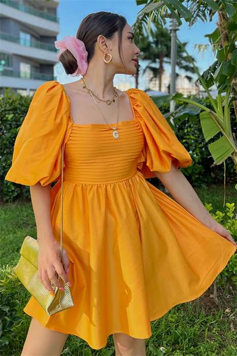 Tinkerbell balon kol kuşaklı elbise - Açık turuncu