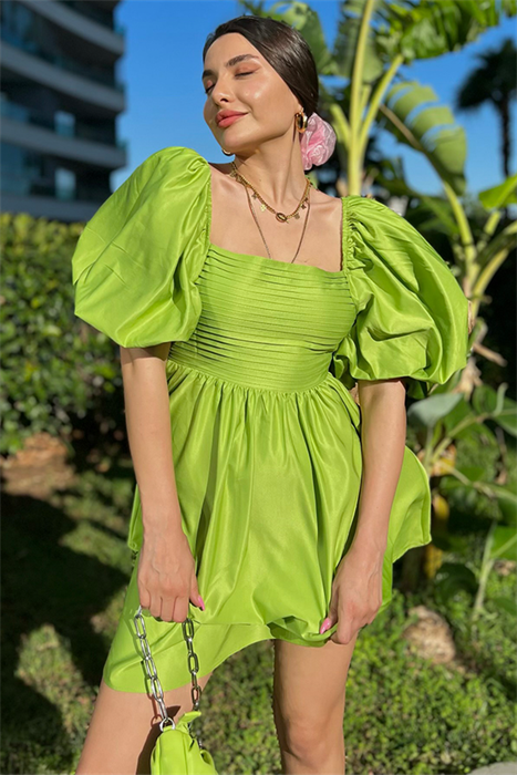 Tinkerbell balon kol kuşaklı elbise - Açık yeşil