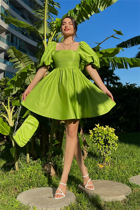 Tinkerbell balon kol kuşaklı elbise - Açık yeşil