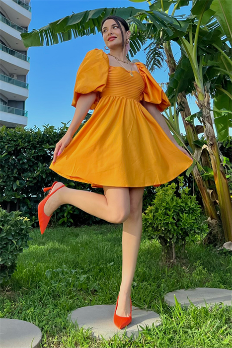 Tinkerbell balon kol kuşaklı elbise - Açık turuncu
