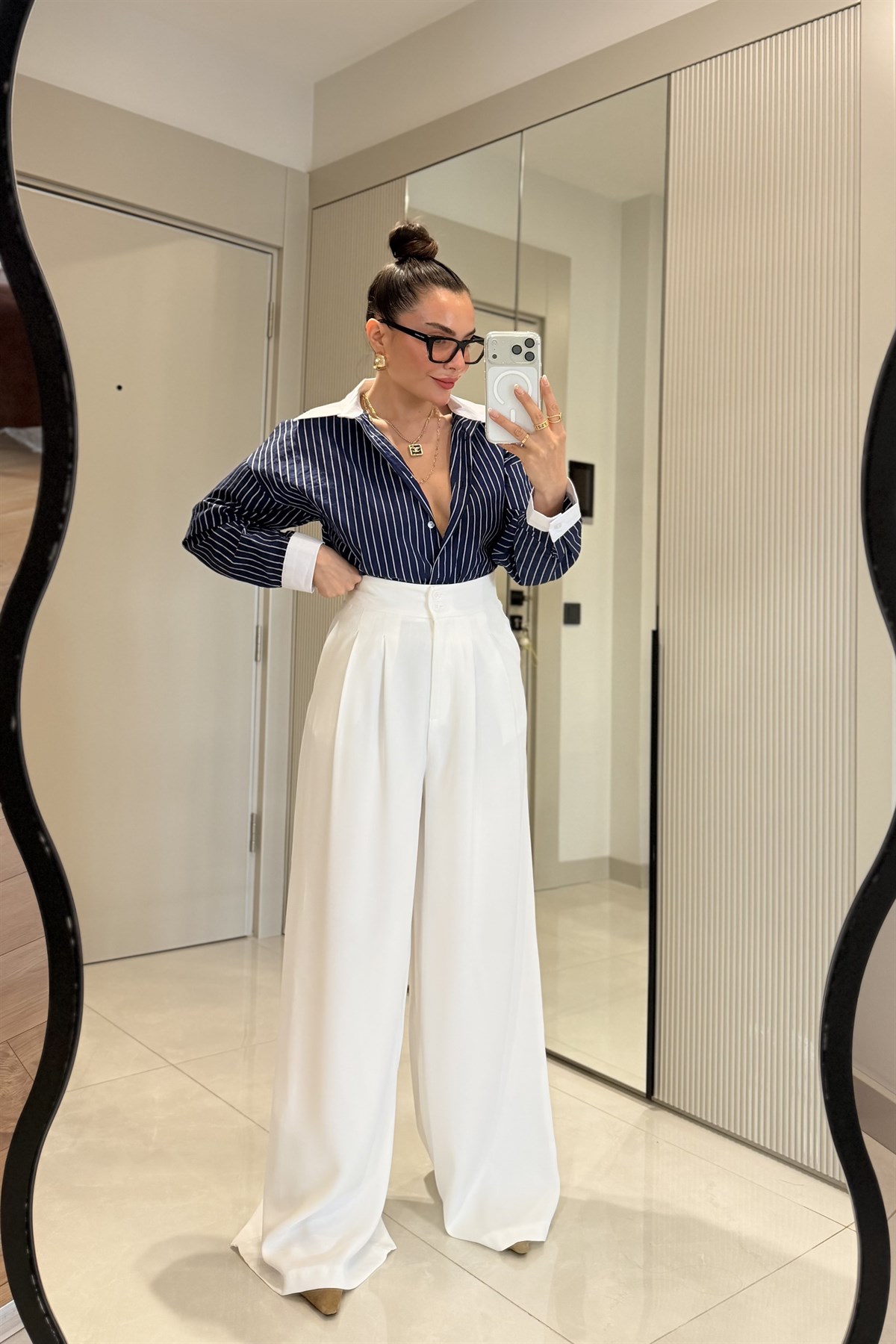 Toffel Beyaz Bel Pensli Palazzo Pantolon 