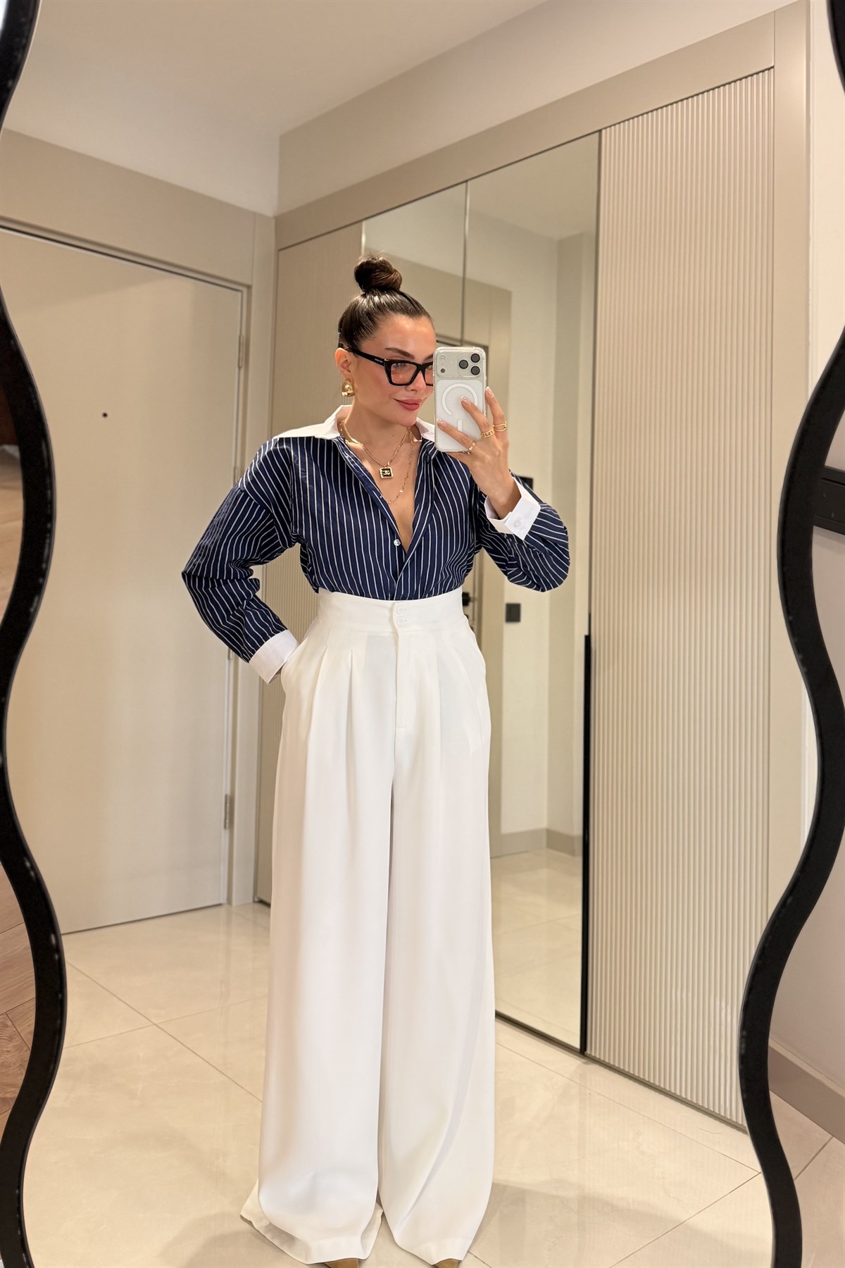 Toffel Beyaz Bel Pensli Palazzo Pantolon 