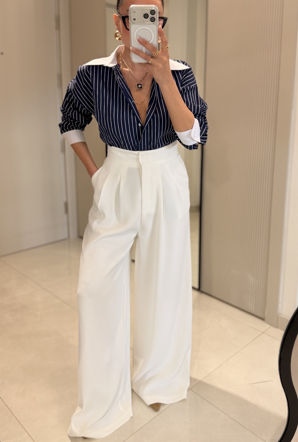 Toffel Beyaz Bel Pensli Palazzo Pantolon 