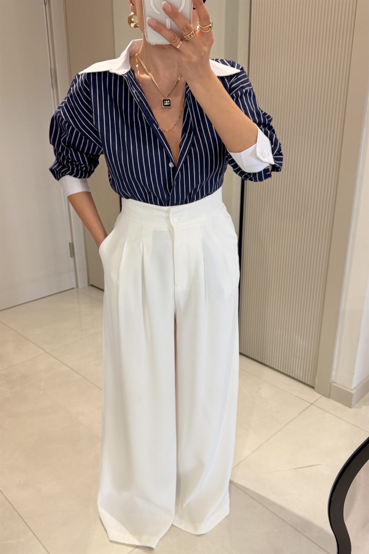 Toffel Beyaz Bel Pensli Palazzo Pantolon 