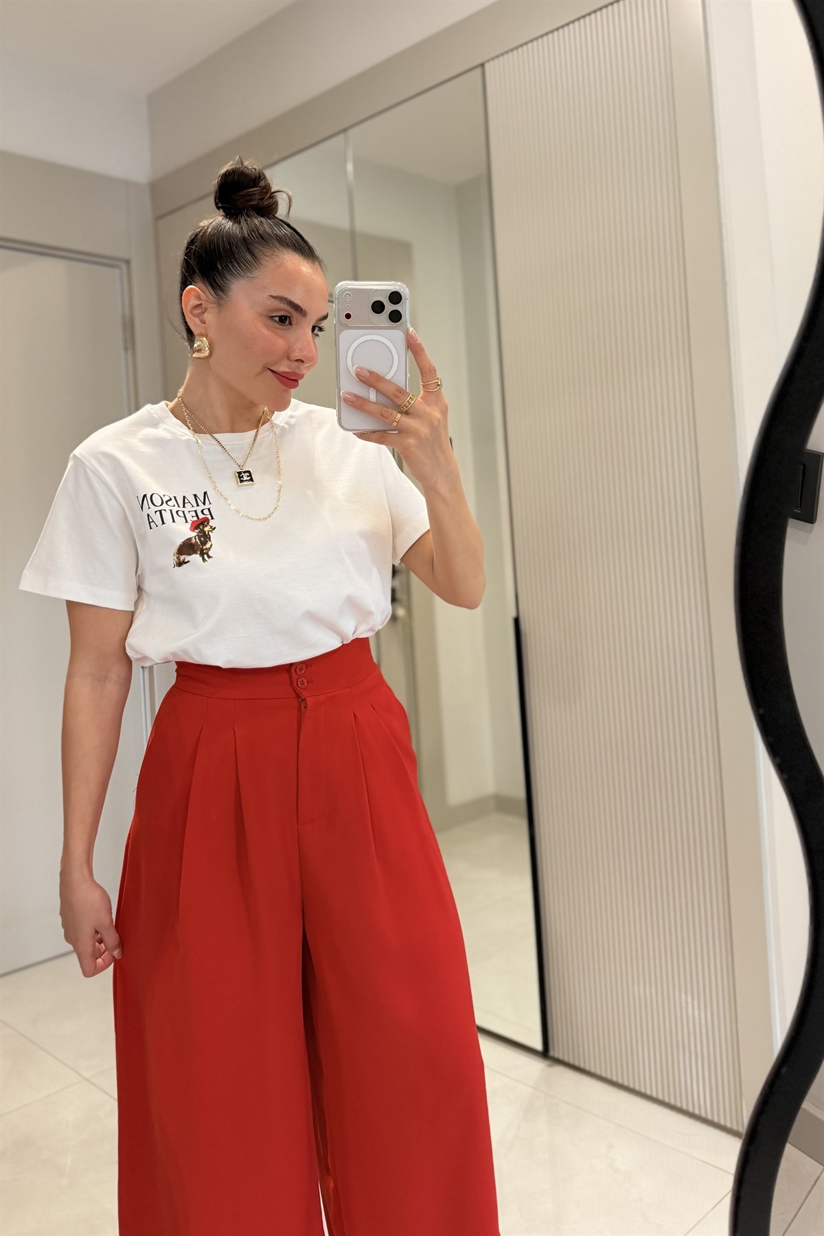 Toffel Kırmızı Bel Pensli Palazzo Pantolon 