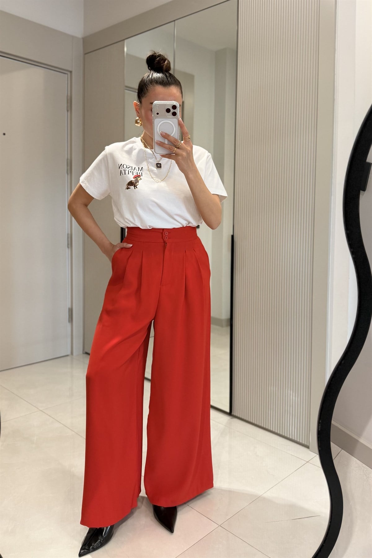 Toffel Kırmızı Bel Pensli Palazzo Pantolon 