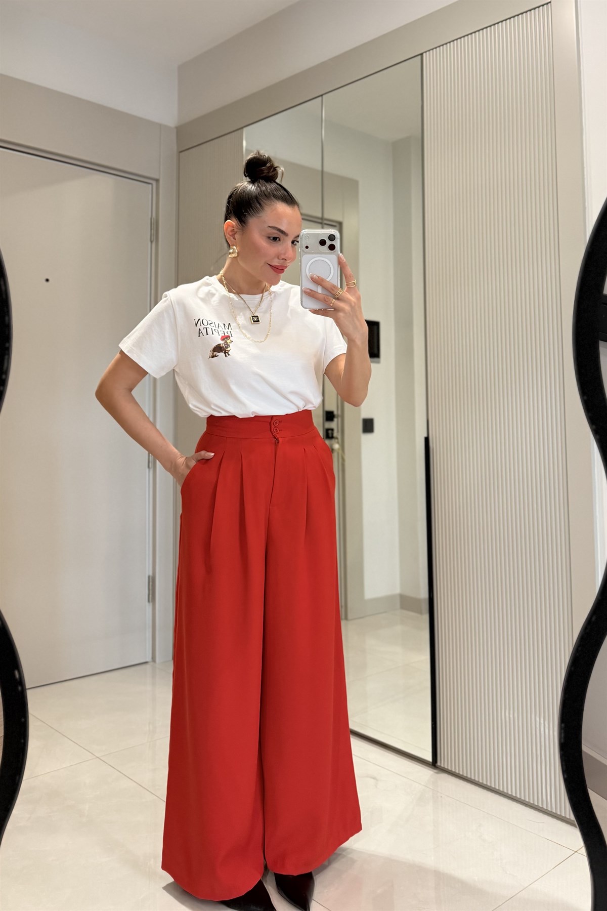 Toffel Kırmızı Bel Pensli Palazzo Pantolon 