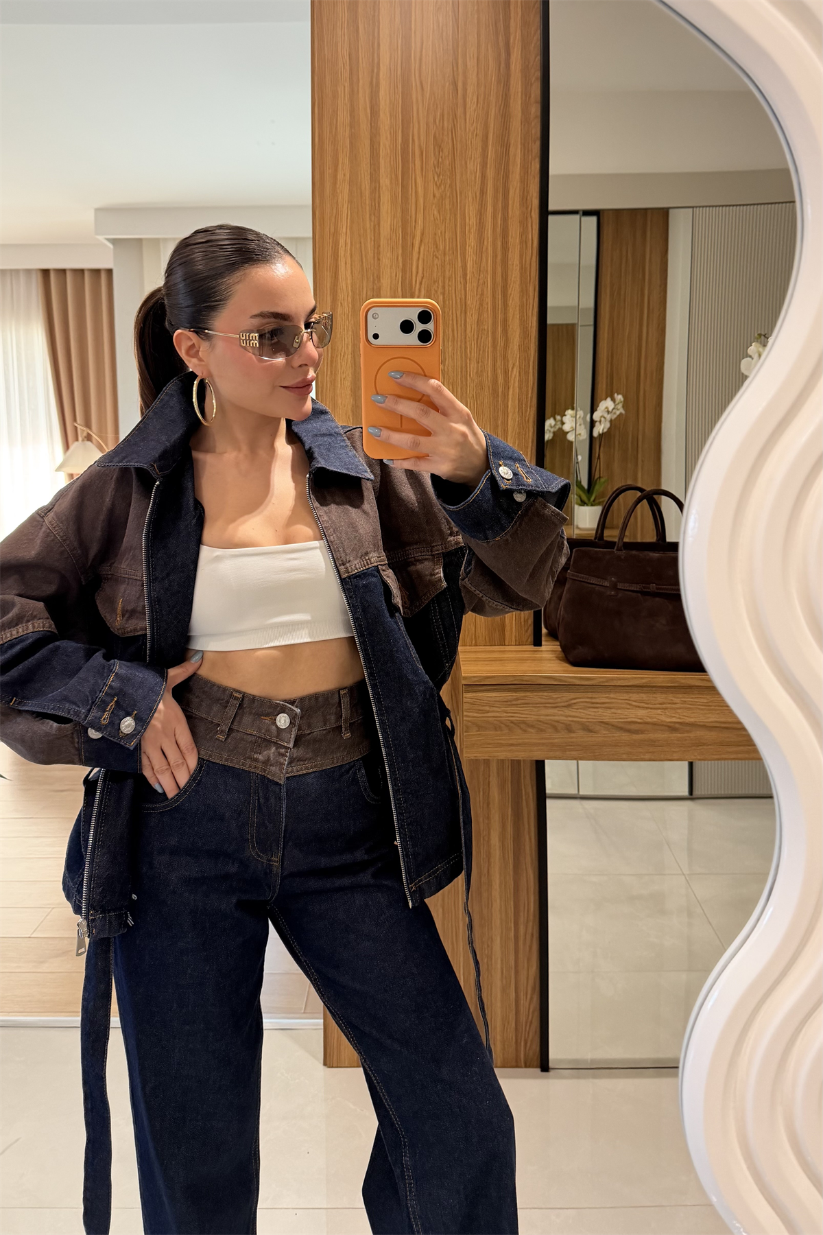 Tokio Denim Kahve Kuşaklı Takım