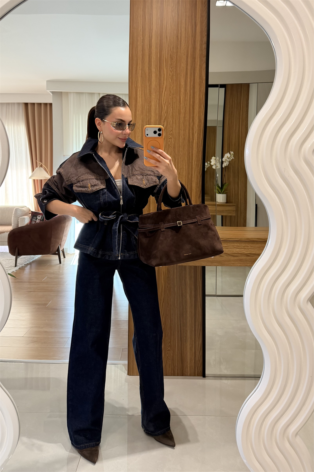 Tokio Denim Kahve Kuşaklı Takım