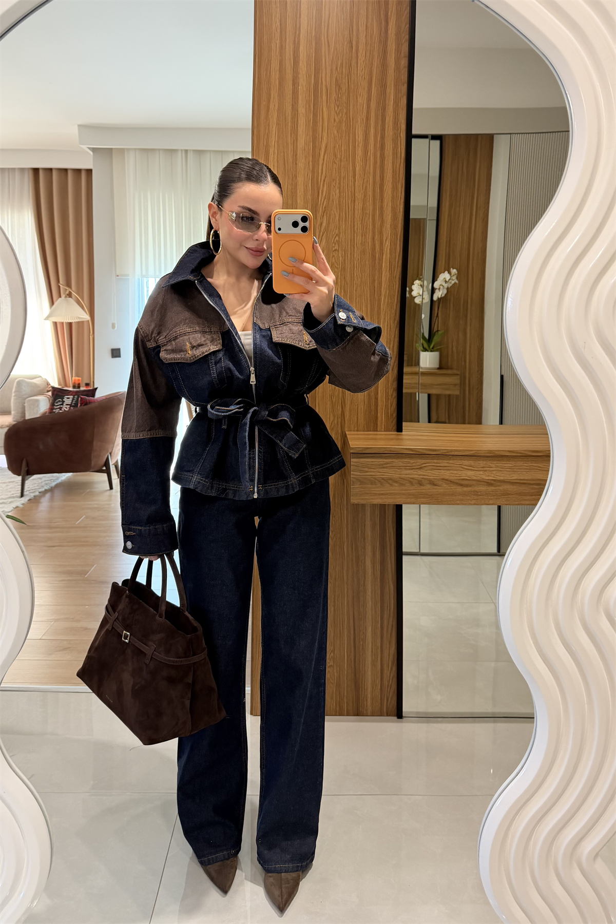 Tokio Denim Kahve Kuşaklı Takım
