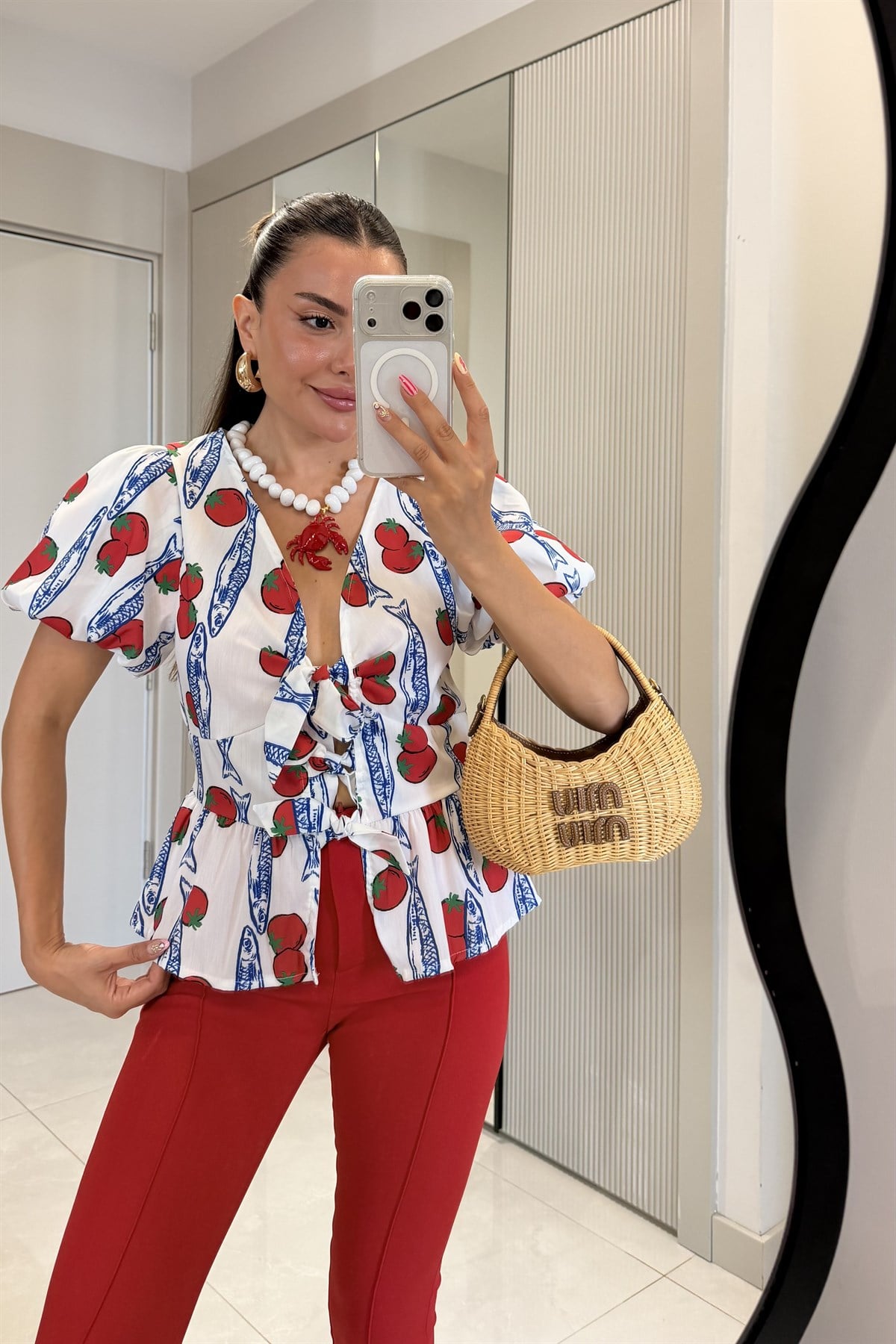 Tomato Beyaz Desenli Bağlama Detaylı Karpuz Kol Bluz