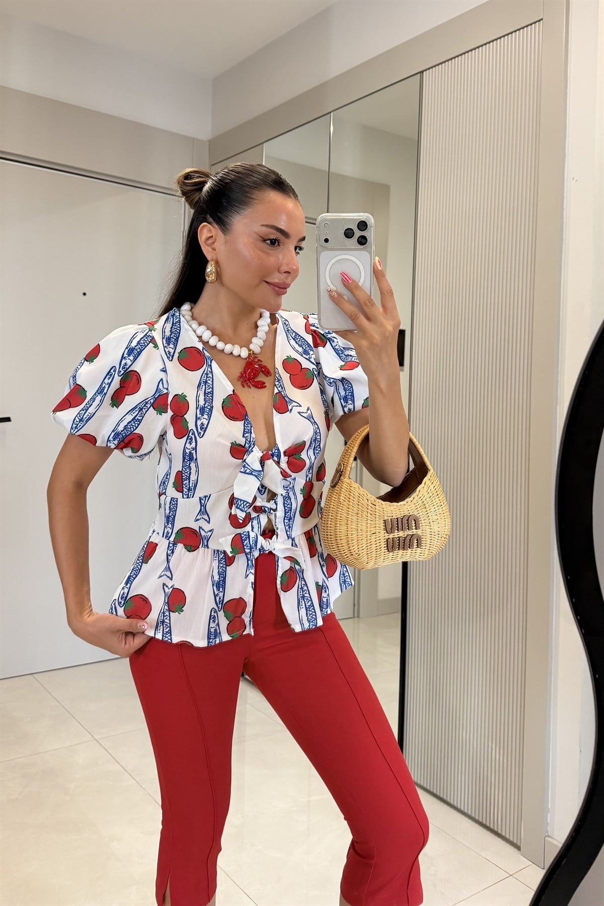 Tomato Beyaz Desenli Bağlama Detaylı Karpuz Kol Bluz