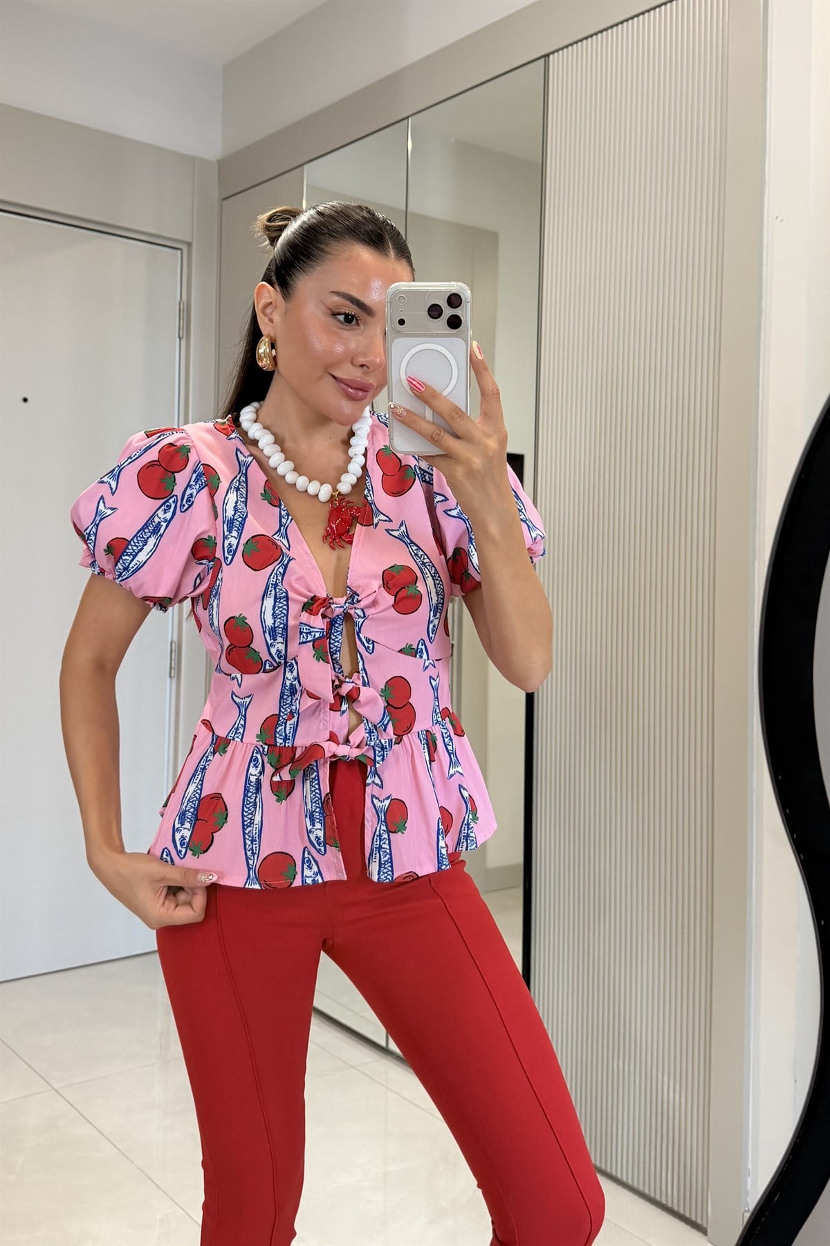 Tomato Pembe Desenli Bağlama Detaylı Karpuz Kol Bluz