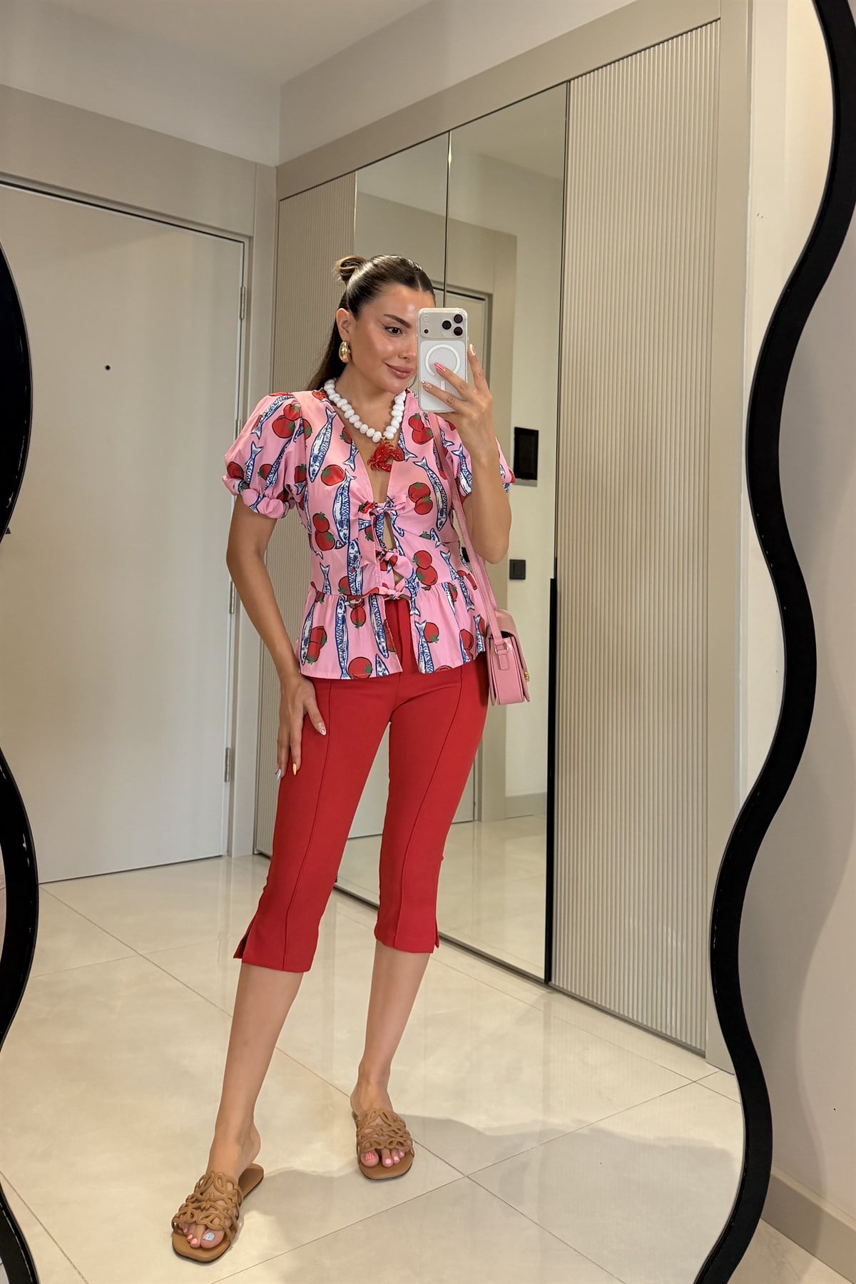 Tomato Pembe Desenli Bağlama Detaylı Karpuz Kol Bluz