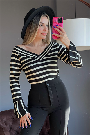 Topshop krem çizgili kayık yaka triko