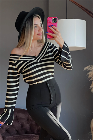 Topshop krem çizgili kayık yaka triko