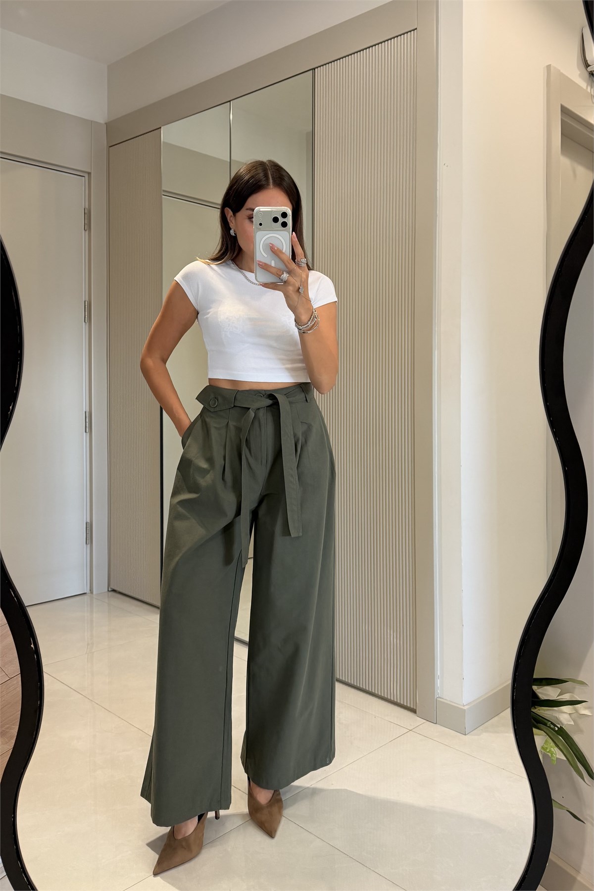 Torice Haki Cep Düğme Detaylı Pantolon 