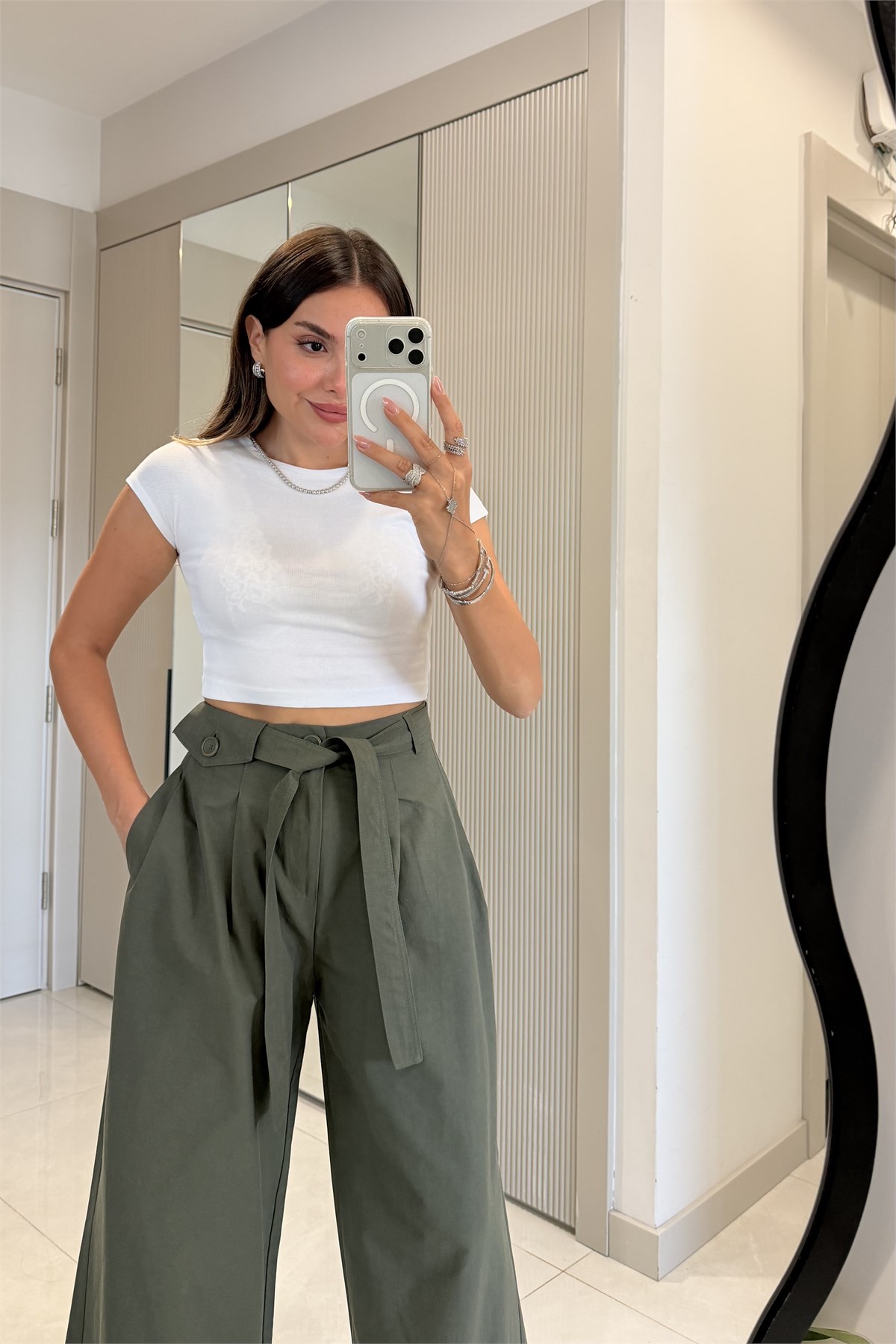 Torice Haki Cep Düğme Detaylı Pantolon 