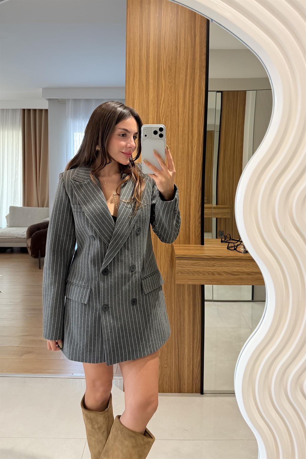 Toskana Gri Çizgili Kaşe Takım