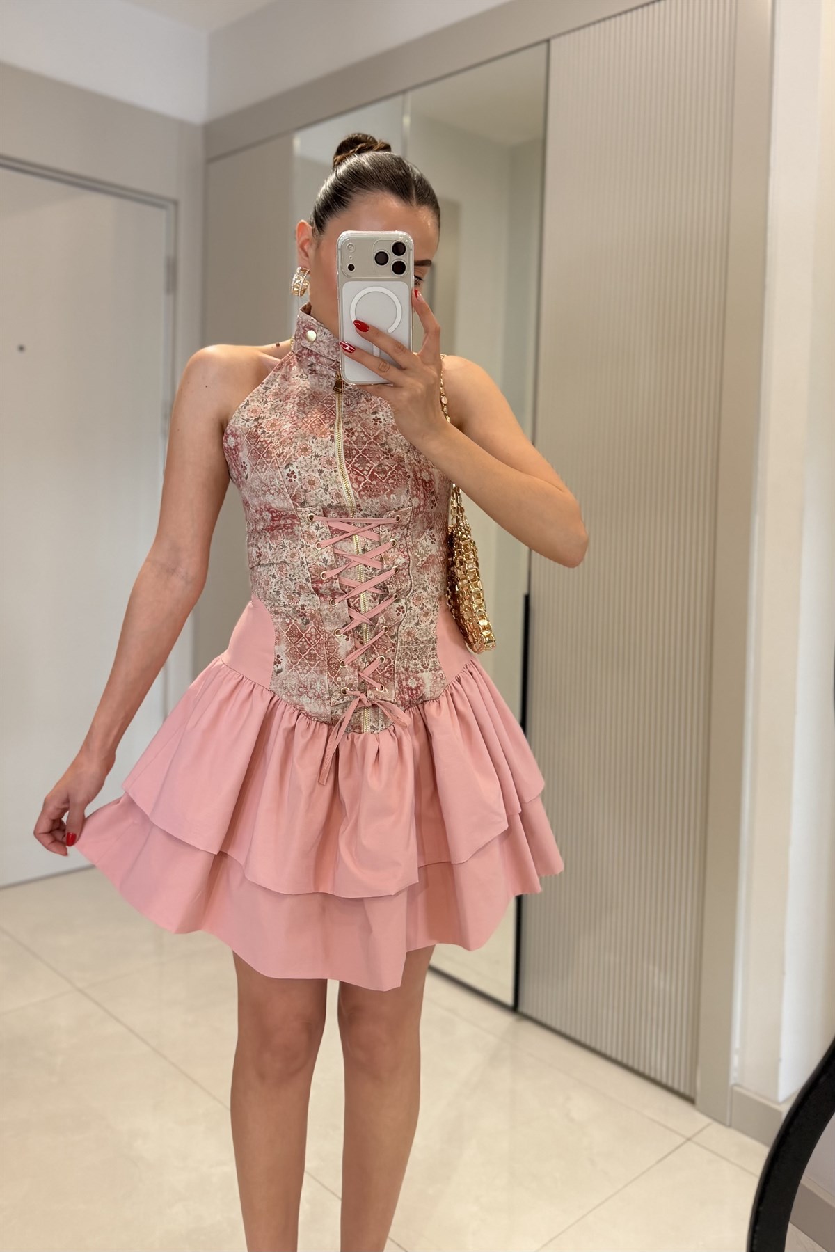 Towley Pembe Desenli Tasarım Elbise