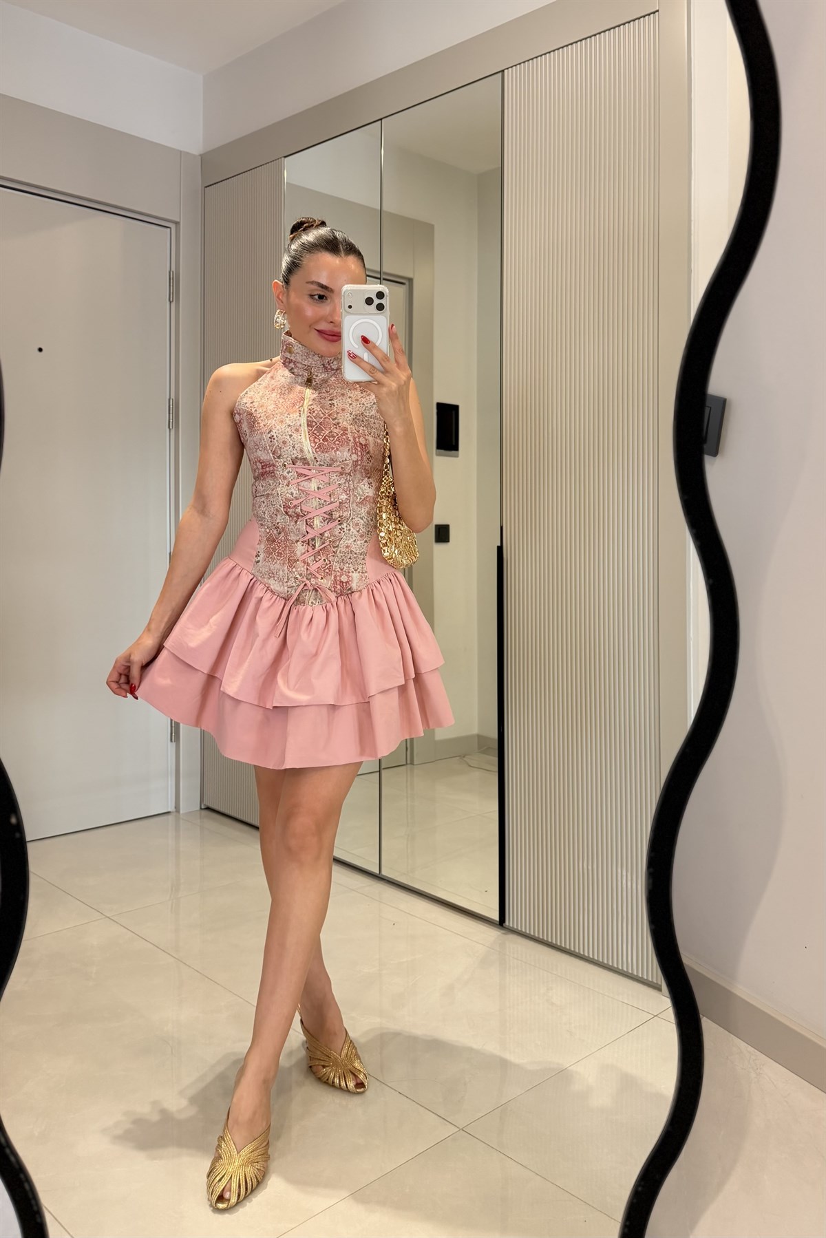 Towley Pembe Desenli Tasarım Elbise