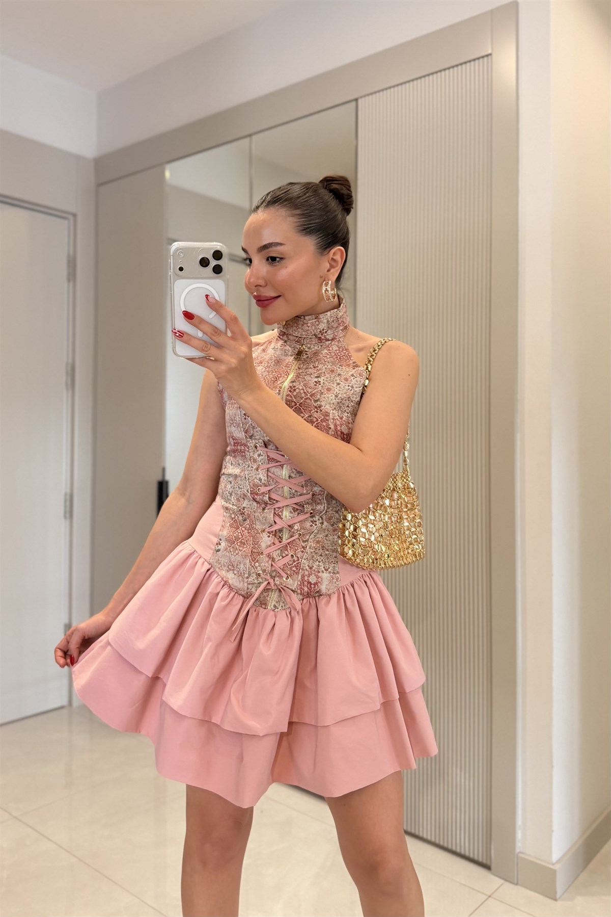 Towley Pembe Desenli Tasarım Elbise