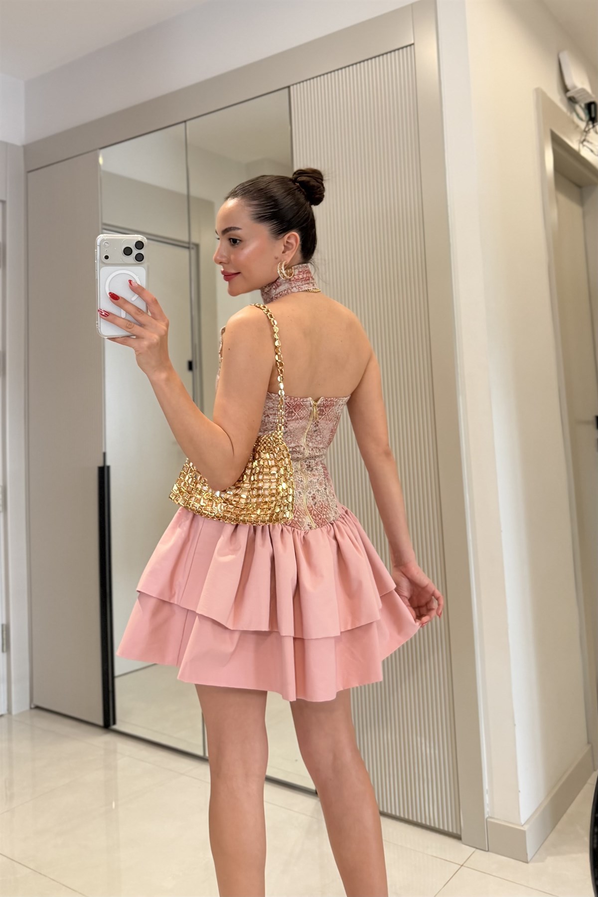 Towley Pembe Desenli Tasarım Elbise