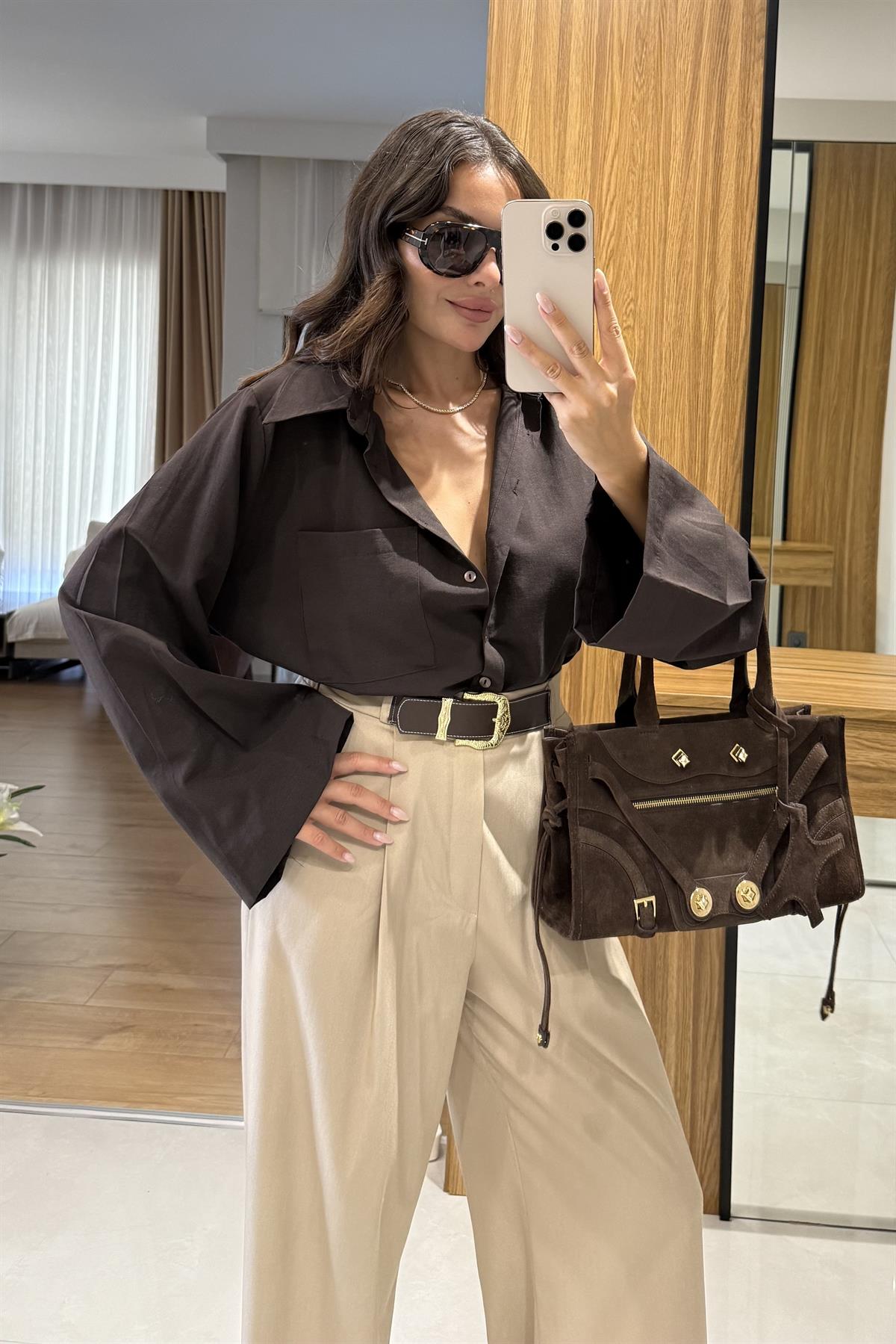 Trevana Kahve İspanyol Kol Gömlek