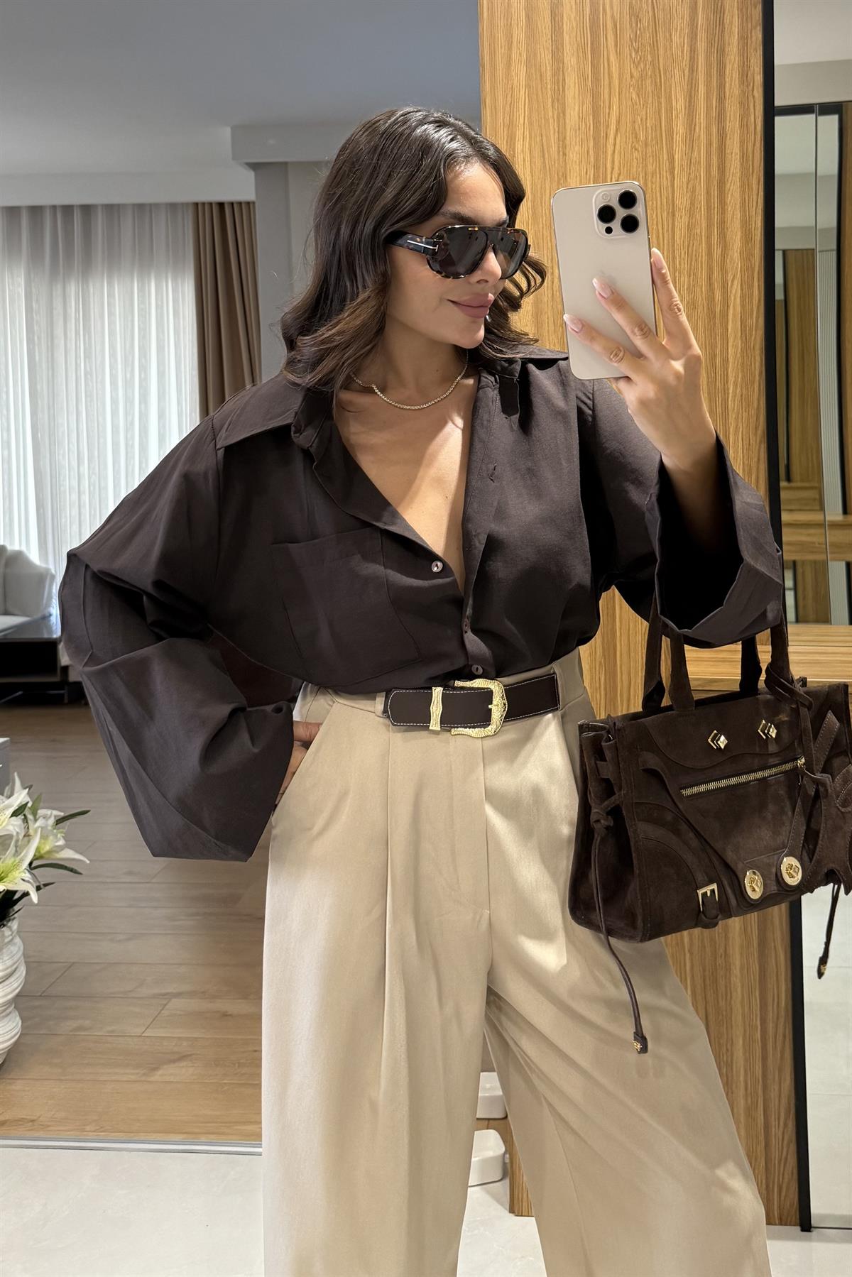 Trevana Kahve İspanyol Kol Gömlek